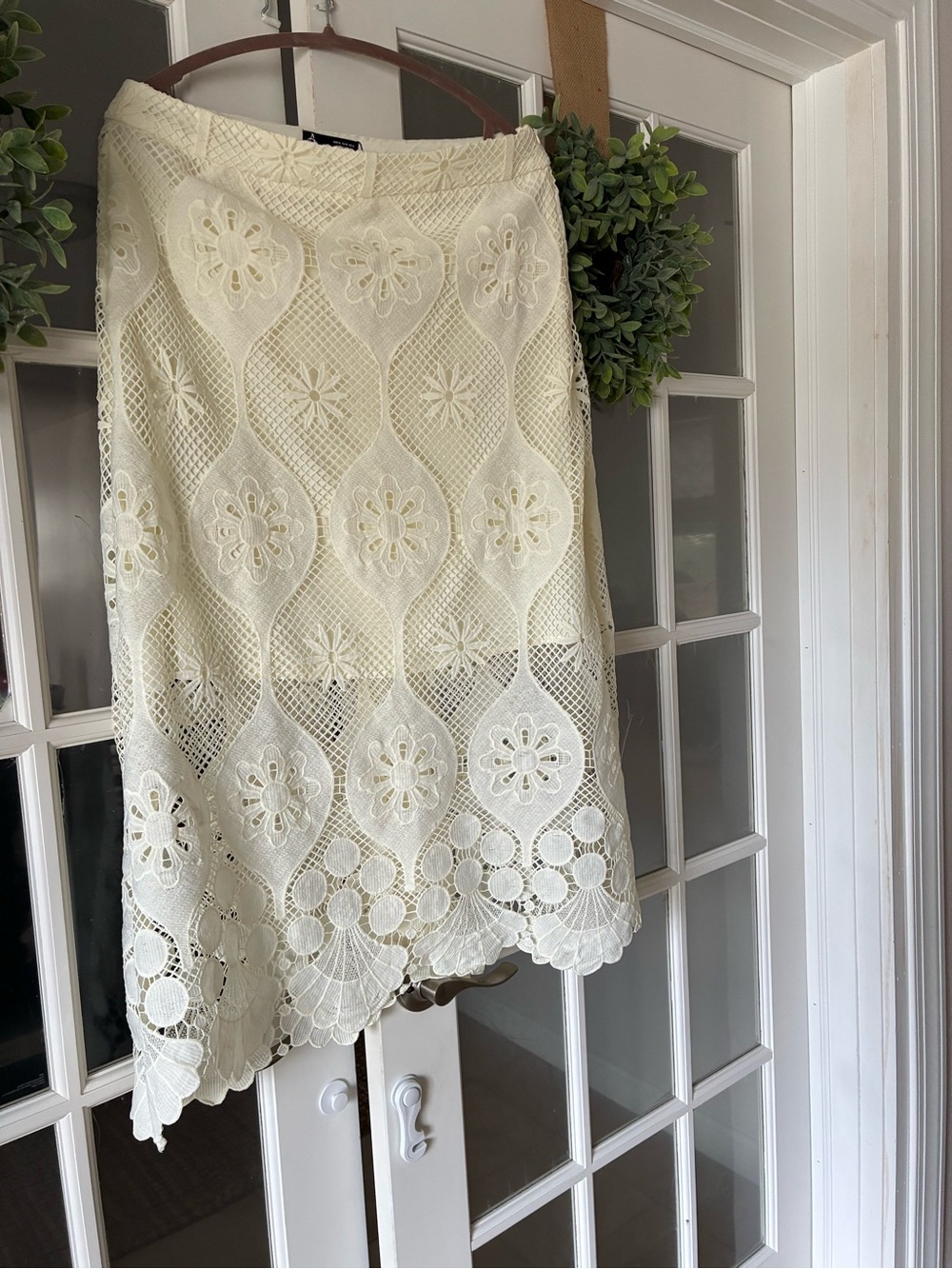 Cream Lace Midi Skirt with Floral Crochet Detail